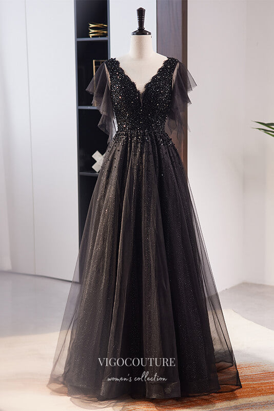 Black Shimmering Beaded Prom Dress with V-Neck 22316 Black / 16W Black Shimmering Beaded Prom Dress with V-Neck 22316 Black / 16W