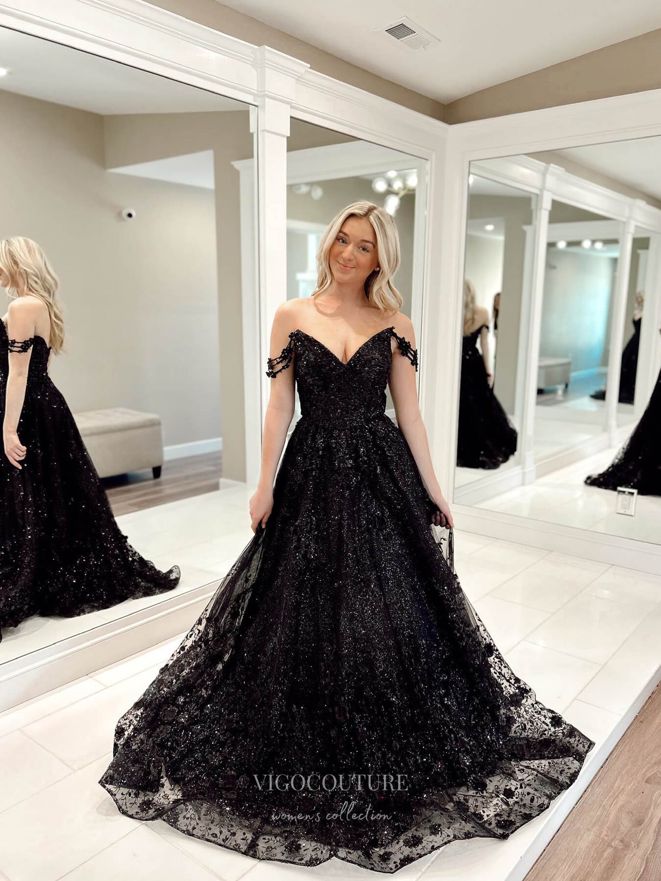 Black Shimmering Tulle Prom Dresses Lace Applique Off the Shoulder 241 vigocouture Black Shimmering Tulle Prom Dresses Lace Applique Off the Shoulder 241 vigocouture