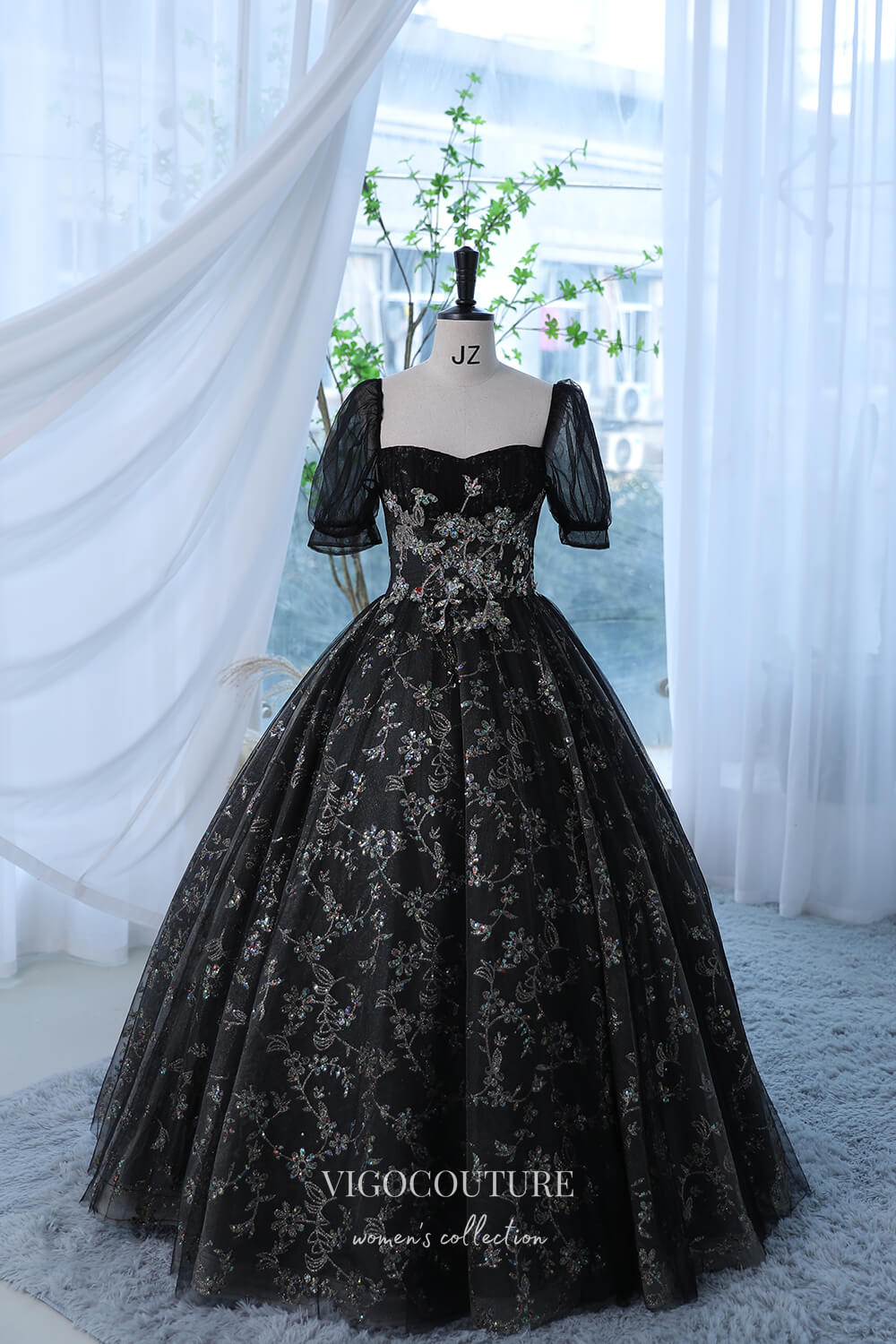Black Sparkly Lace Applique Prom Dress with Puffed Sleeve 22292 Custom Colors / US12 Black Sparkly Lace Applique Prom Dress with Puffed Sleeve 22292 Custom Colors / US12