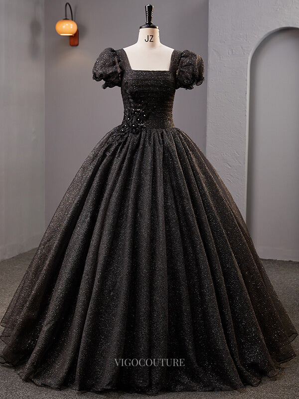 Black Sparkly Tulle Prom Dresses with Puffed Sleeve, Square Neck, Quinceanera Dresses BG056 - Black / 16W Black Sparkly Tulle Prom Dresses with Puffed Sleeve, Square Neck, Quinceanera Dresses BG056 - Black / 16W