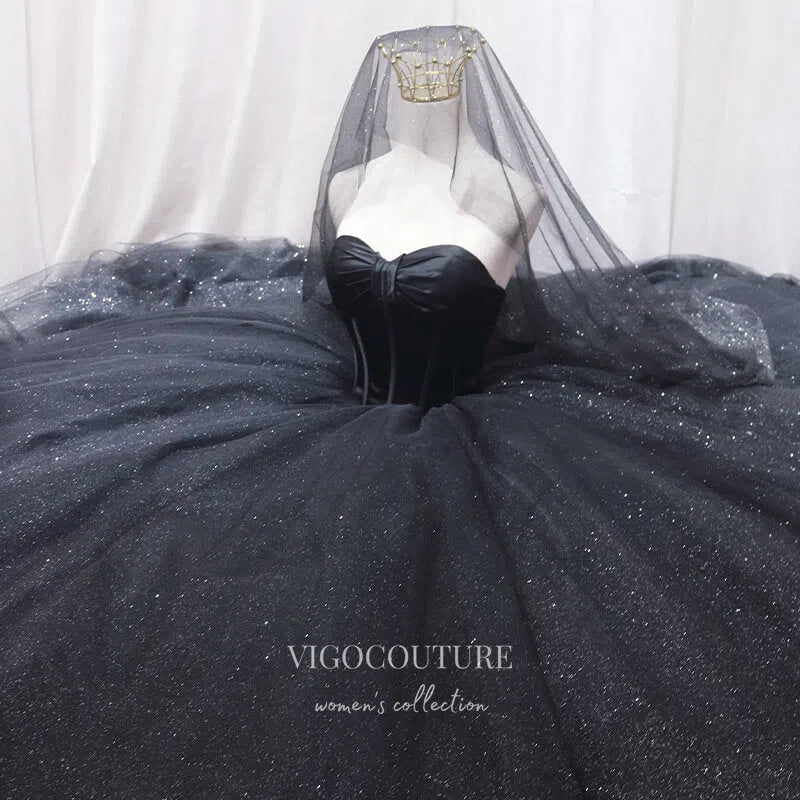 Prom Dress 2025 Black Sparkly Tulle Quinceanera Dresses Strapless Prom Ball Gown 22039-unique elegant Prom Dresses-Black-US2-vigocouture