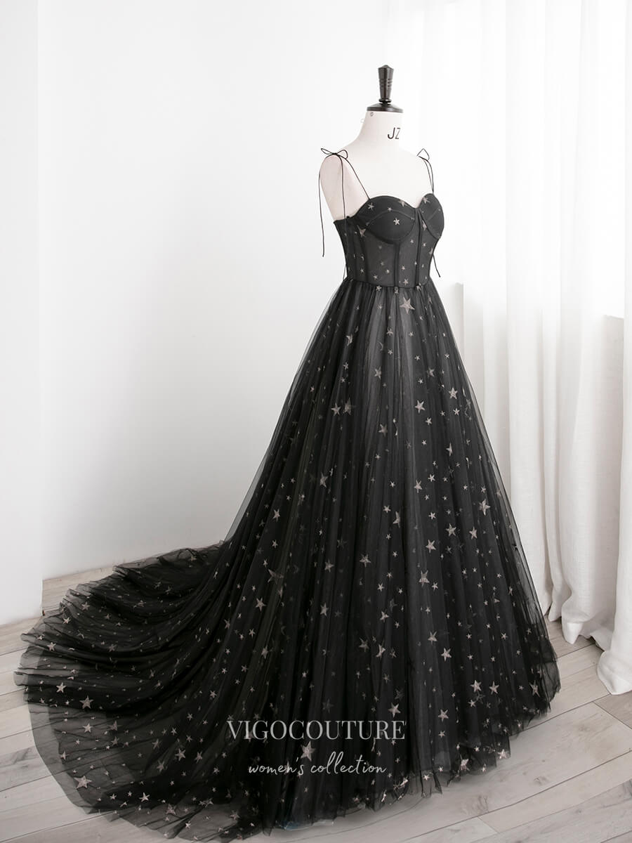 Black Starry Tulle Prom Dresses Spaghetti Strap Formal Dresses 21320 Black / Custom Size Black Starry Tulle Prom Dresses Spaghetti Strap Formal Dresses 21320 Black / Custom Size