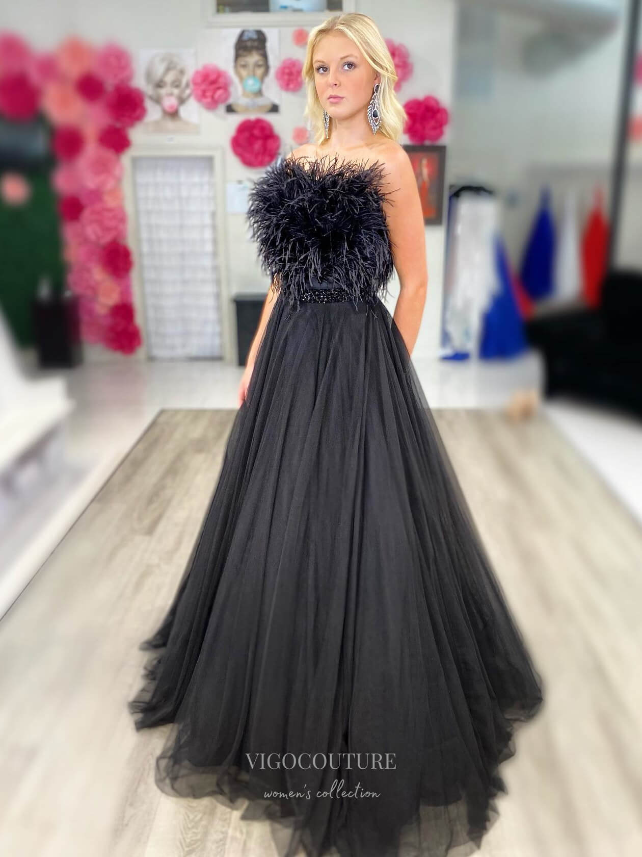 Black Strapless Feather Cheap Prom Dresses Tulle Beaded Waist 24141 Black Strapless Feather Cheap Prom Dresses Tulle Beaded Waist 24141