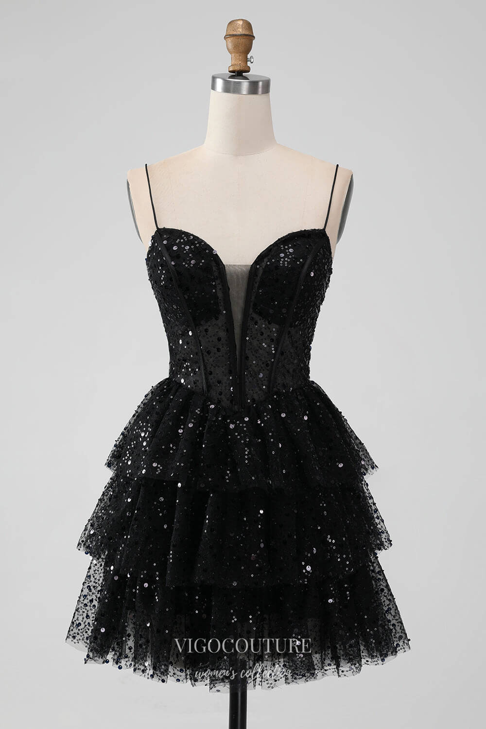 Black Tiered Sequin Homecoming Dresses Spaghetti Strap Back to School vigocouture Black Tiered Sequin Homecoming Dresses Spaghetti Strap Back to School vigocouture
