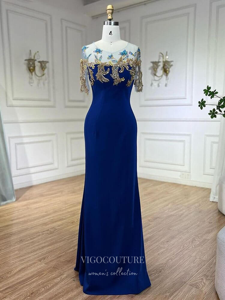 Blue Beaded Lace Satin Prom Dresses Cap Sleeve Boat Neck Formal Dress vigocouture Blue Beaded Lace Satin Prom Dresses Cap Sleeve Boat Neck Formal Dress vigocouture