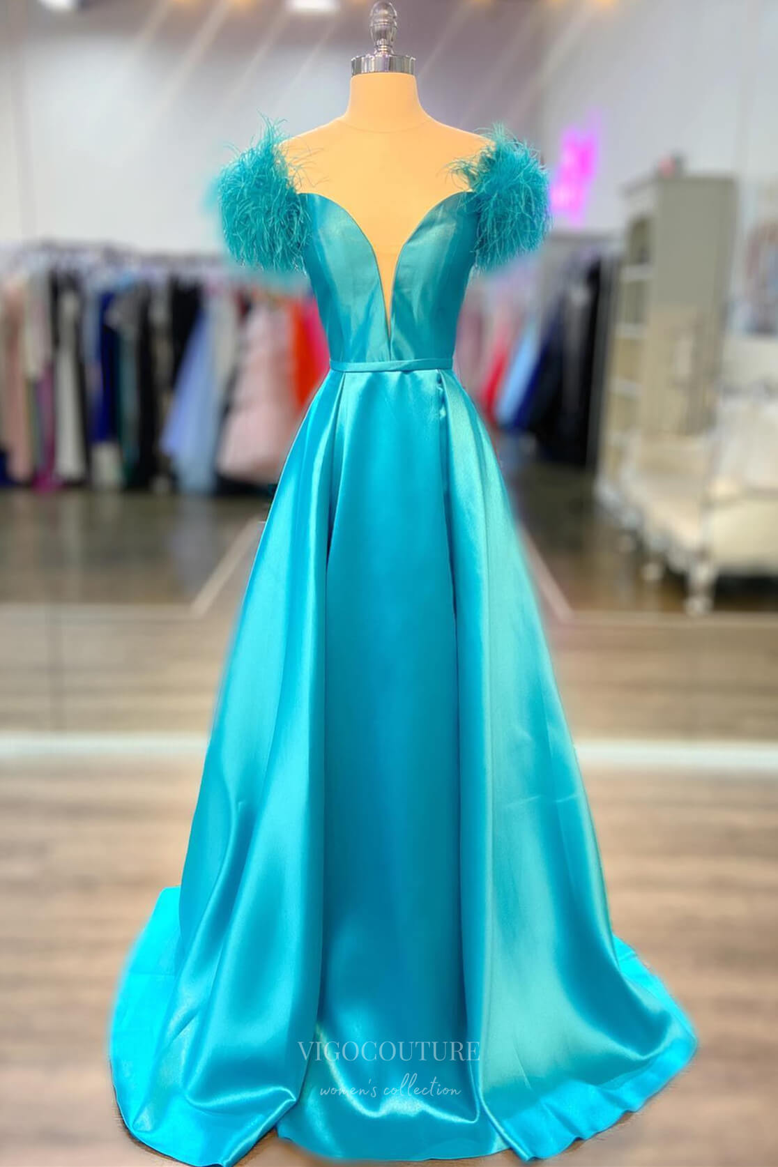 Blue Feathers Satin Cheap Prom Dresses 2024 Plunging V-Neck 24265 vigocouture Blue Feathers Satin Cheap Prom Dresses 2024 Plunging V-Neck 24265 vigocouture