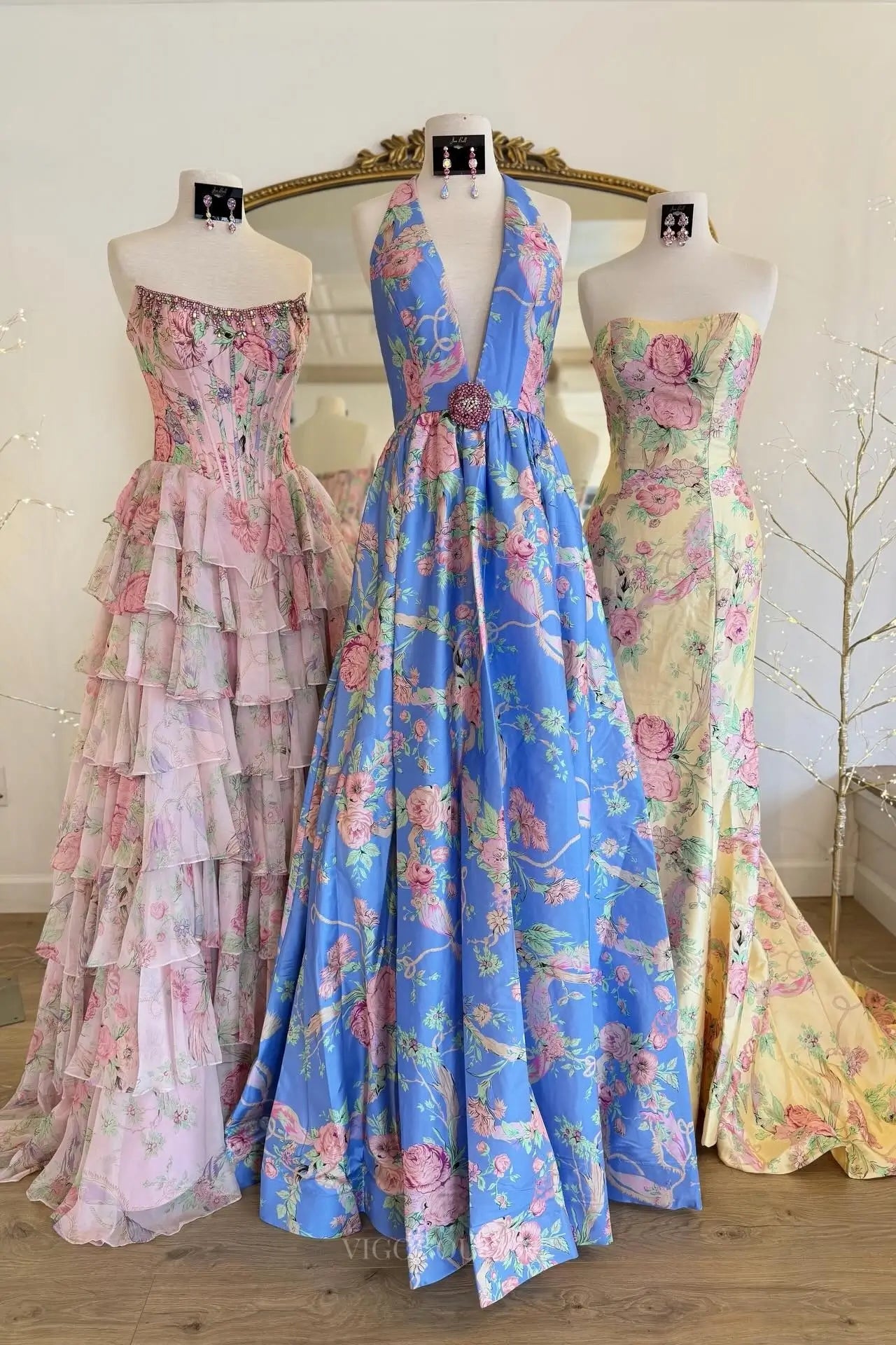 Blue Floral Print Plunge Halter Prom Dress with Open V back – FP010 –  vigocouture