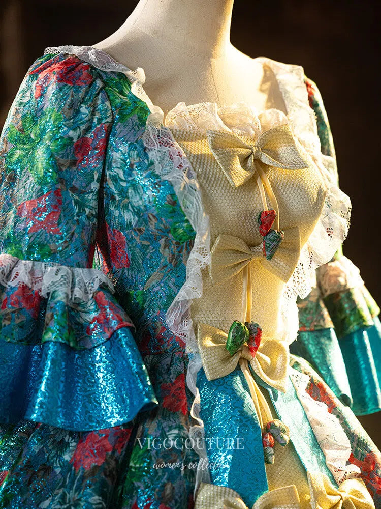 Prom Dress 2025 Blue Floral Print Ruffled Vintage Quinceanera Dress Puffed Sleeve Bow-Tie Princess Dresses 25045-unique elegant Prom Dresses-Blue-Custom Size-vigocouture