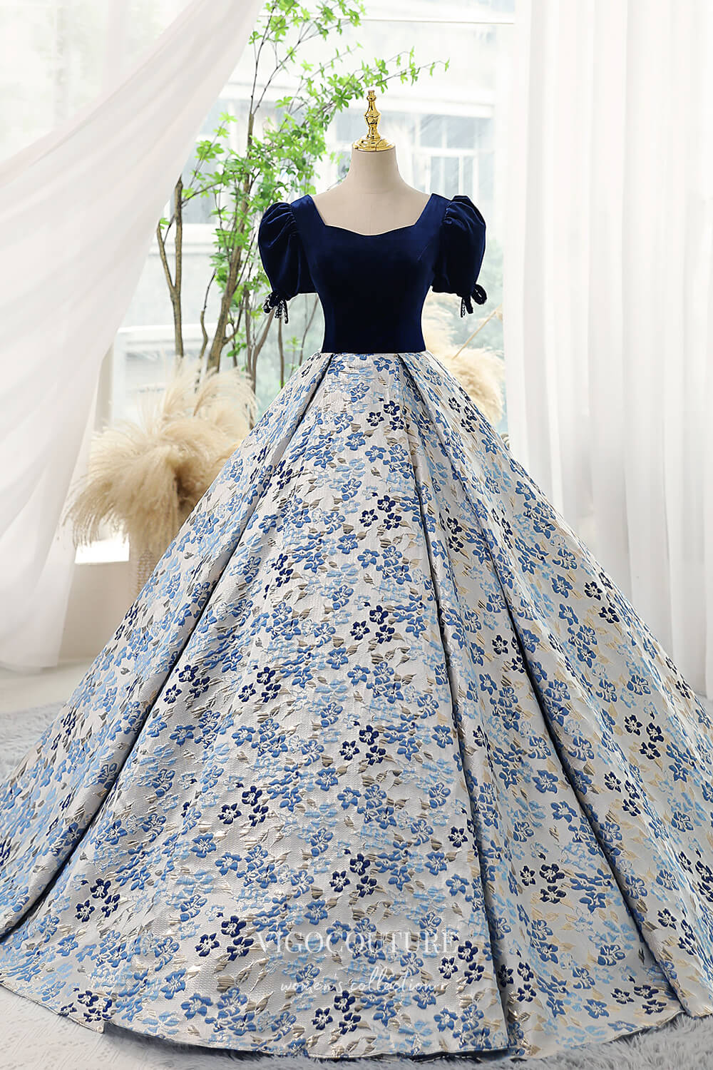 Blue Jacquard Satin and Velvet Prom Dress with Puffed Sleeves 22284 Custom Colors / US4 Blue Jacquard Satin and Velvet Prom Dress with Puffed Sleeves 22284 Custom Colors / US4