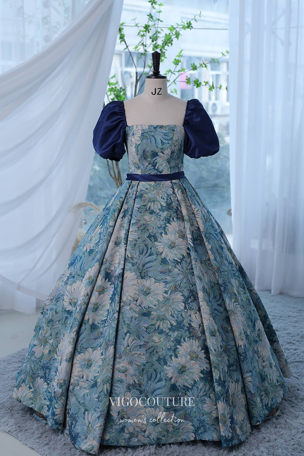 Blue Jacquard Satin Prom Dress with Puffed Sleeve 22293 Custom Colors / 20W Blue Jacquard Satin Prom Dress with Puffed Sleeve 22293 Custom Colors / 20W