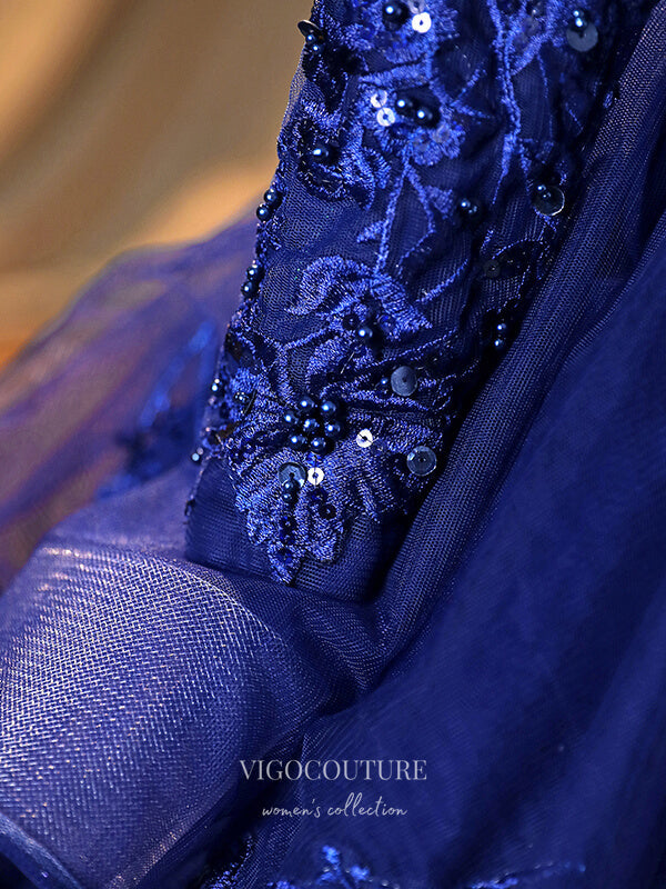 Prom Dress 2025 Blue Long Sleeve Quinceanera Dresses Lace Applique Formal Dresses 21366-unique elegant Prom Dresses-Blue-Custom Size-vigocouture