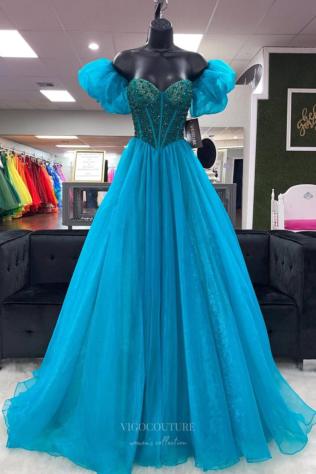 Blue Organza Puffed Sleeve Prom Dresses Beaded Boned Bodice 24275 – vigocouture