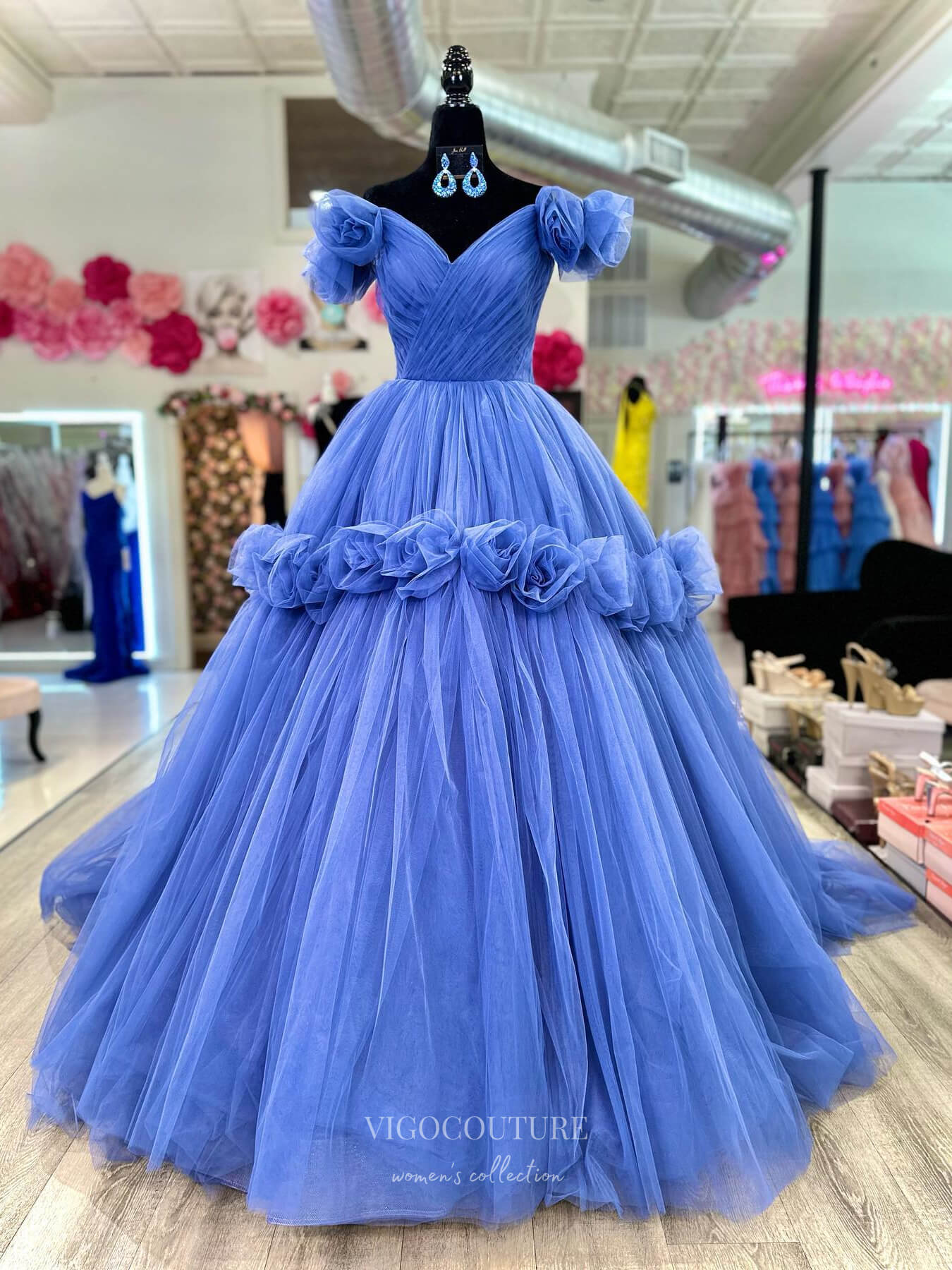 Blue Rose Blossom Prom Dresses Off The Shoulder Pleated Tulle 24215 Blue / US14 Blue Rose Blossom Prom Dresses Off The Shoulder Pleated Tulle 24215 Blue / US14