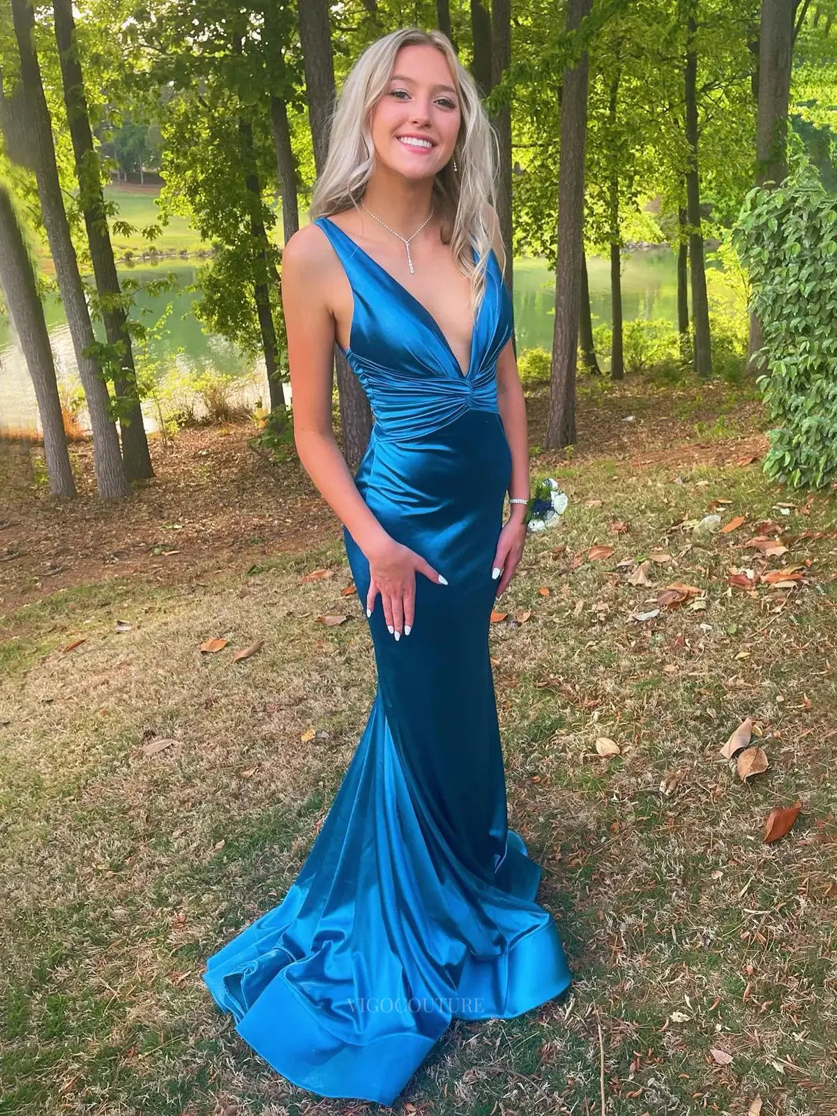 Blue Satin Mermaid Prom Dresses 2025 Plunging V-Neck Pleated Formal Dr vigocouture Blue Satin Mermaid Prom Dresses 2025 Plunging V-Neck Pleated Formal Dr vigocouture