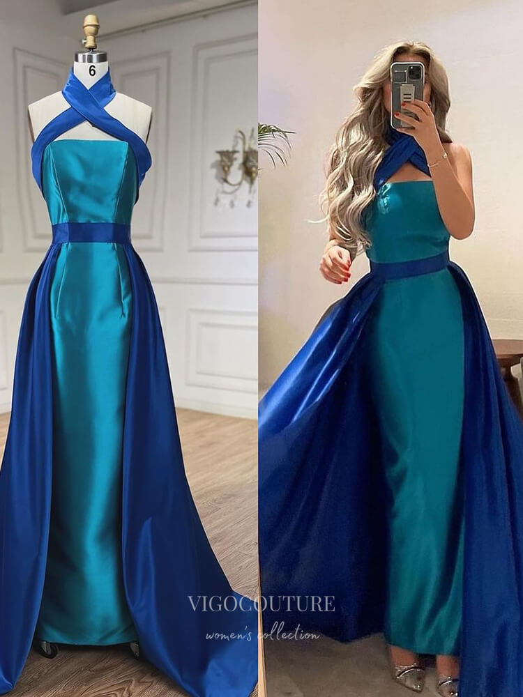 Blue Satin Mermaid Prom Dresses with Overskirt Halter Neck Formal Dress 24525 Blue / US8 Blue Satin Mermaid Prom Dresses with Overskirt Halter Neck Formal Dress 24525 Blue / US8