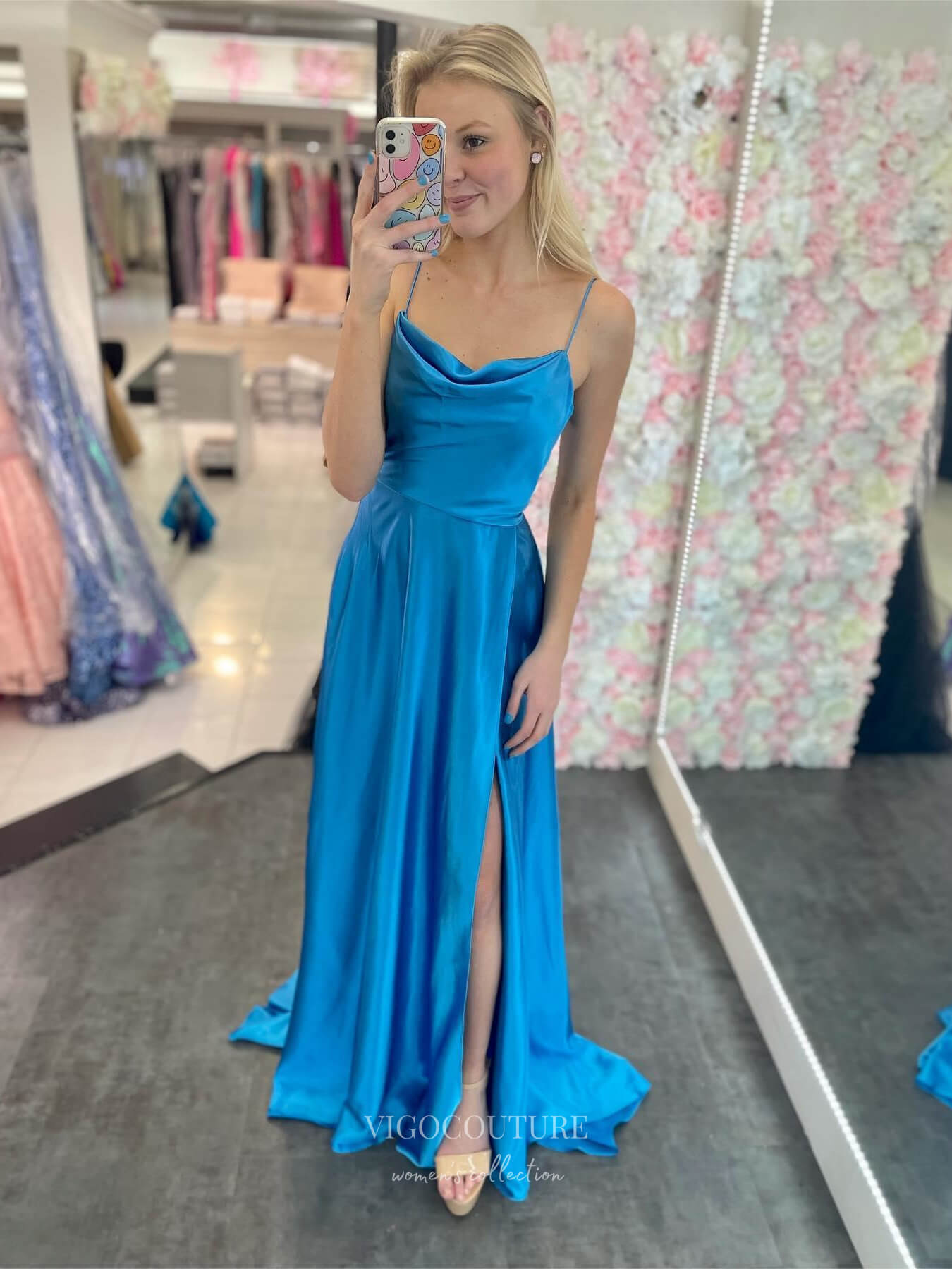 Blue Satin Sheath Cowl Neck Cheap Prom Dresses with Slit Spaghetti Str vigocouture Blue Satin Sheath Cowl Neck Cheap Prom Dresses with Slit Spaghetti Str vigocouture