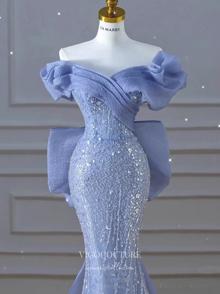 Prom Dress 2025 Blue Sequin Lace Mermaid Prom Dresses Puffed Sleeve Bow-Tie 24427-unique elegant Prom Dresses-Blue-Custom Size-vigocouture