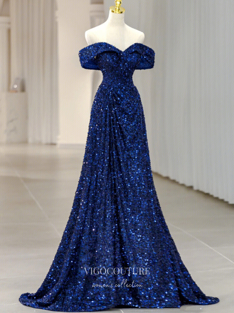 Blue Sequin Prom Dresses Off the Shoulder Evening Gown 22052 vigocouture Blue Sequin Prom Dresses Off the Shoulder Evening Gown 22052 vigocouture