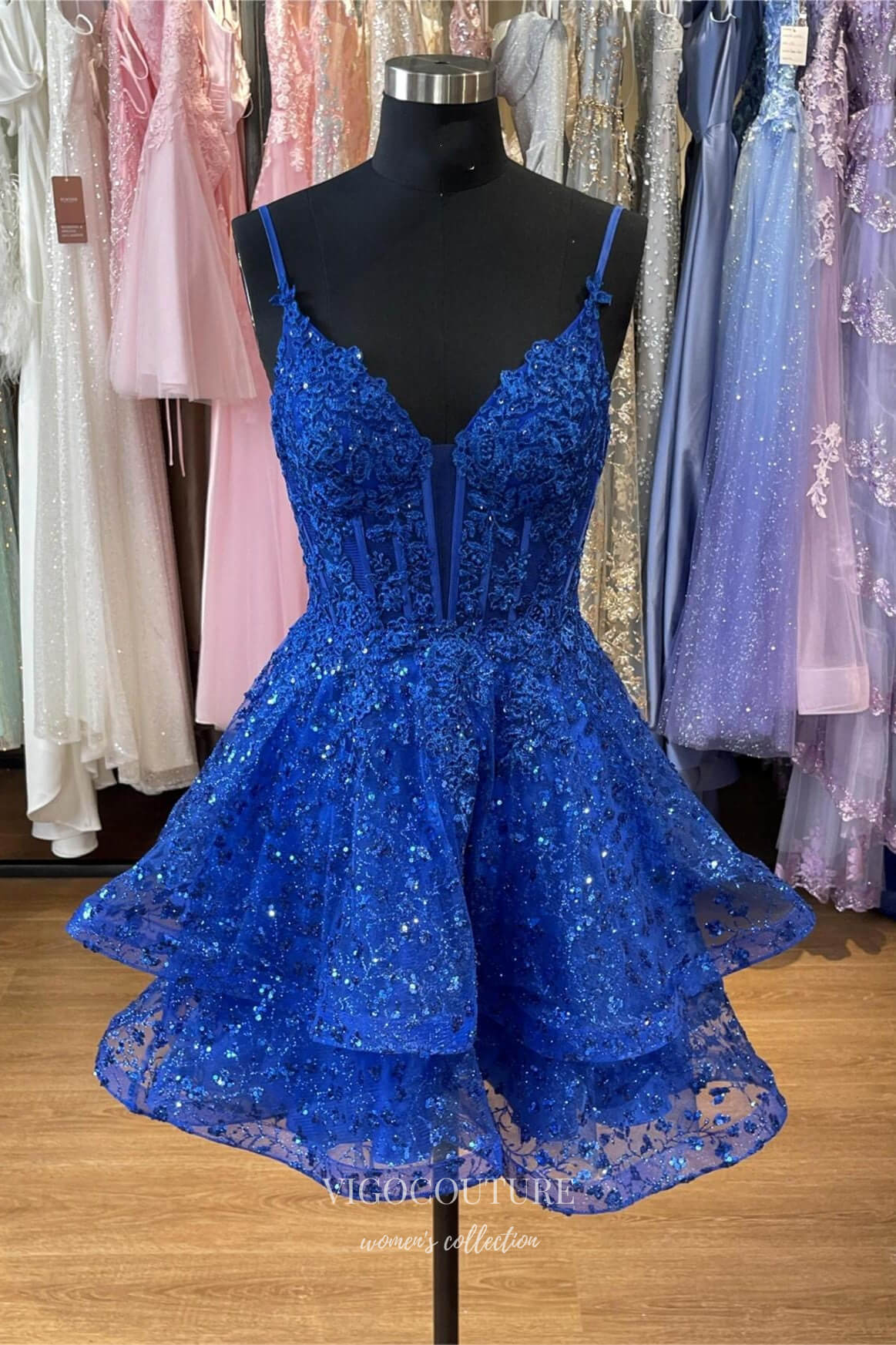 Blue Spaghetti Strap V-Neck Homecoming Dresses Sparkly Lace Tiered Gra vigocouture Blue Spaghetti Strap V-Neck Homecoming Dresses Sparkly Lace Tiered Gra vigocouture