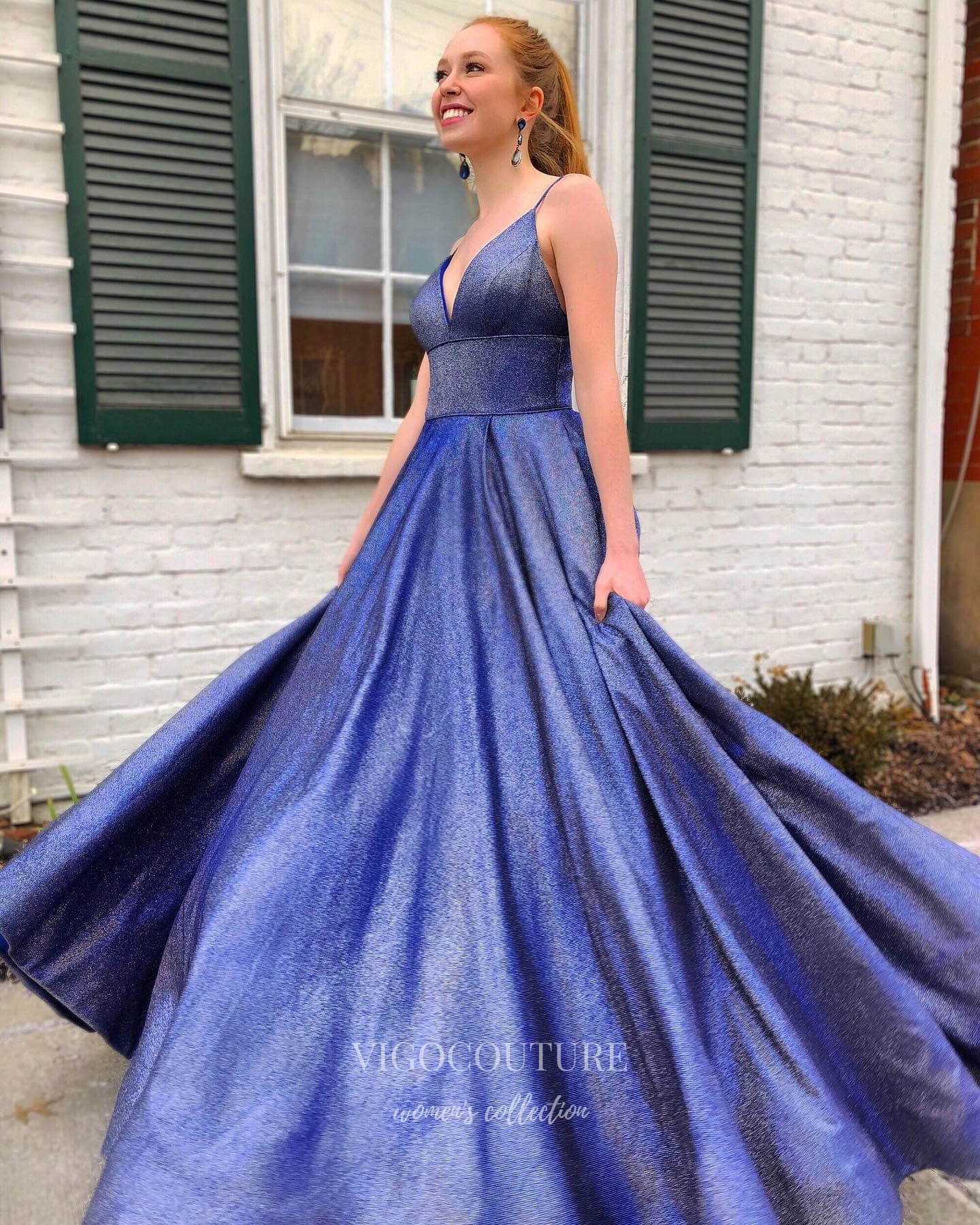 Blue Sparkly Satin Prom Dresses Spaghetti Strap Formal Gown 21886b vigocouture Blue Sparkly Satin Prom Dresses Spaghetti Strap Formal Gown 21886b vigocouture