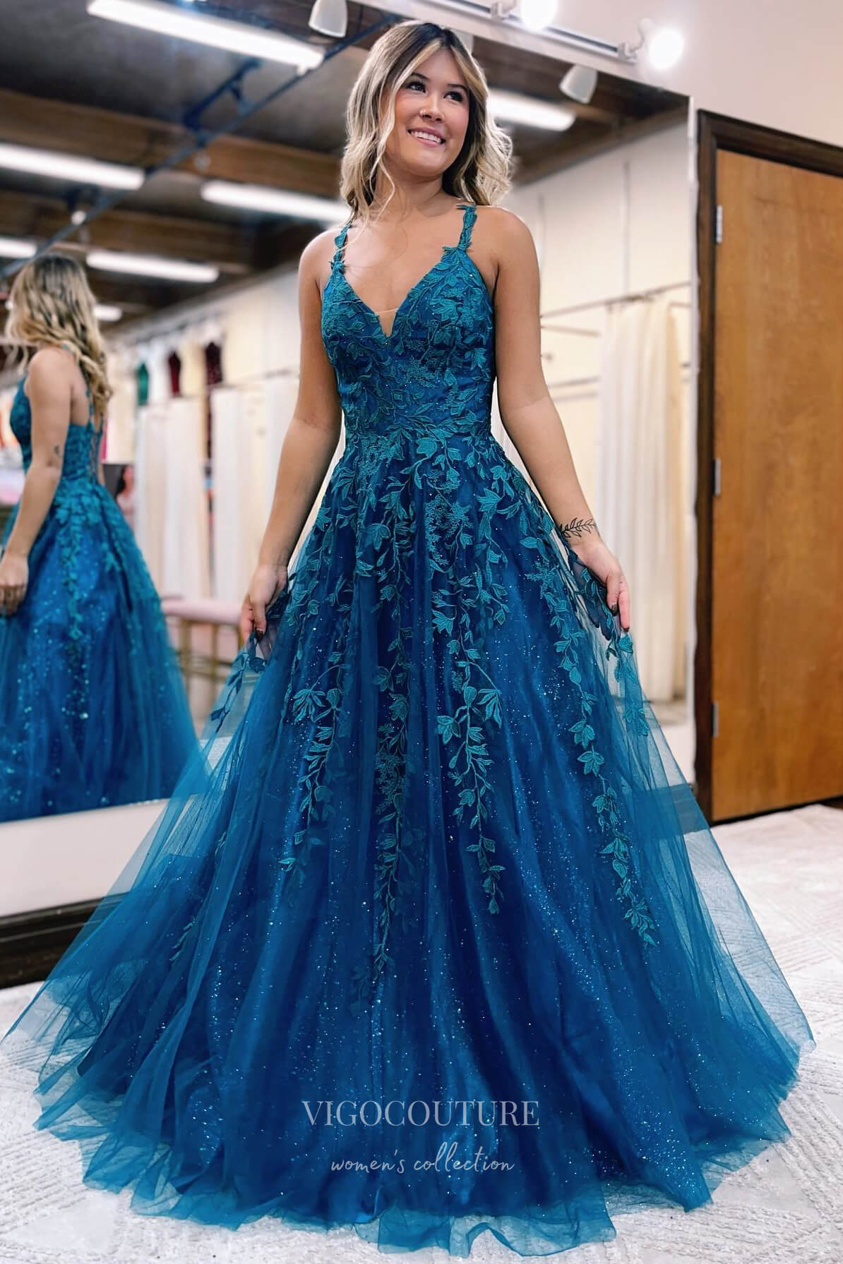 Blue Sparkly Tulle Lace Applique Prom Dress with Spaghetti Strap, V-Ne vigocouture Blue Sparkly Tulle Lace Applique Prom Dress with Spaghetti Strap, V-Ne vigocouture