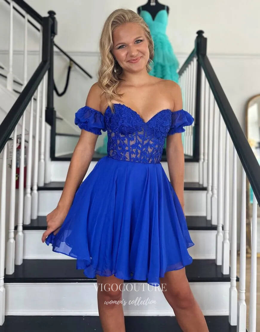 Blue Sweetheart Puffed Sleeve Homecoming Dresses Lace Applique Back to vigocouture Blue Sweetheart Puffed Sleeve Homecoming Dresses Lace Applique Back to vigocouture