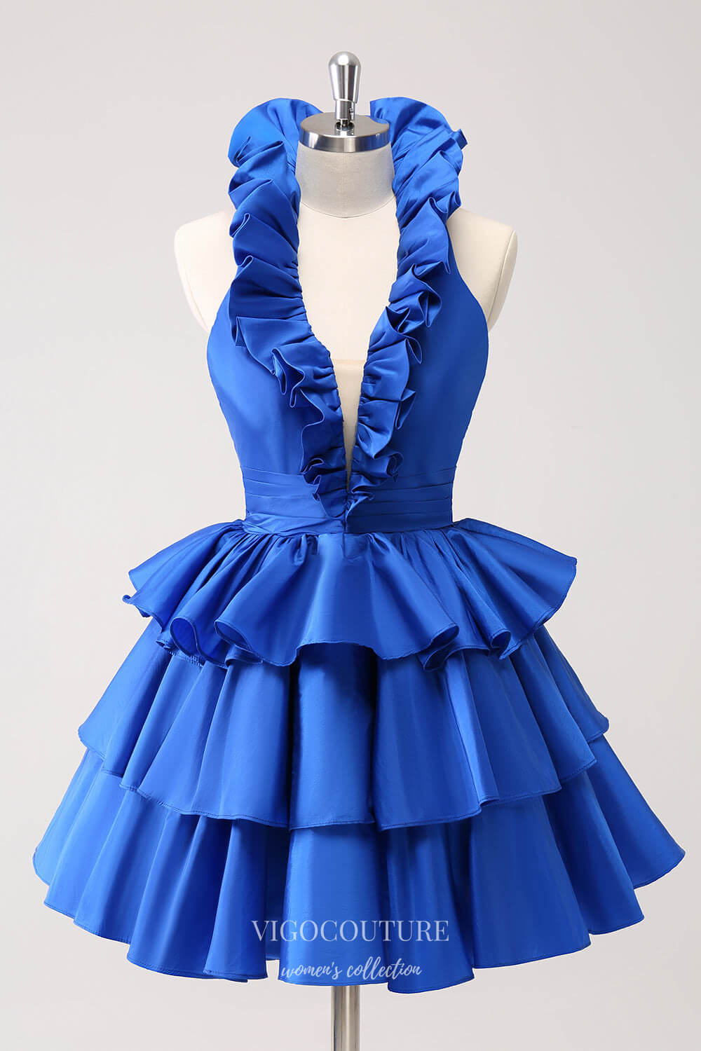 Blue Tiered Ruffled Satin Homecoming Dresses Plunging V-Neck Back to S vigocouture Blue Tiered Ruffled Satin Homecoming Dresses Plunging V-Neck Back to S vigocouture