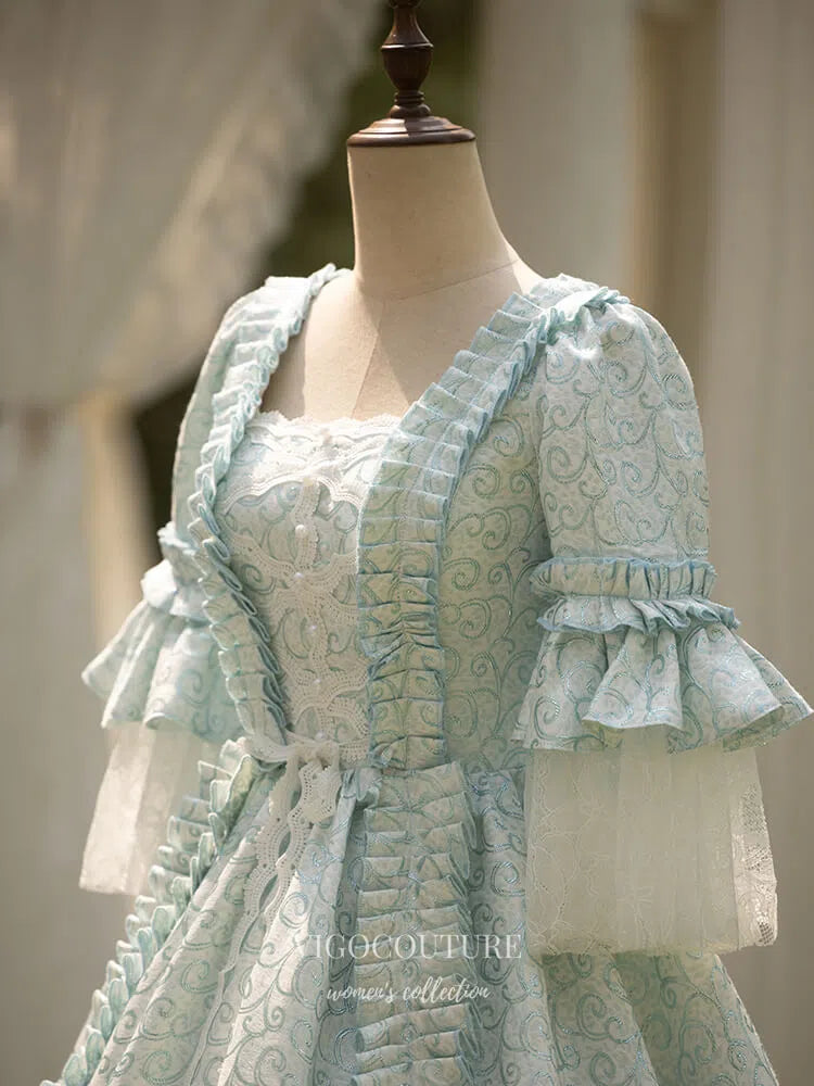 Prom Dress 2025 Blue Tiered Ruffled Vintage Princess Dress Puffed Sleeve Satin Lace Quinceanera Dresses 25039-unique elegant Prom Dresses-Blue-Custom Size-vigocouture