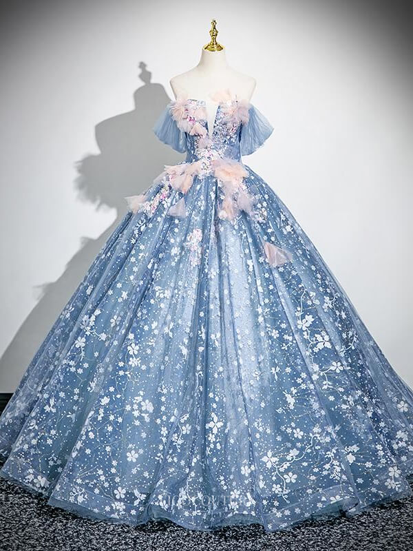 Blue Tulle Prom Dresses with Flower, Lace Applique, Off the Shoulder, Quinceanera Dresses BG036 Custom Colors / 22W Blue Tulle Prom Dresses with Flower, Lace Applique, Off the Shoulder, Quinceanera Dresses BG036 Custom Colors / 22W