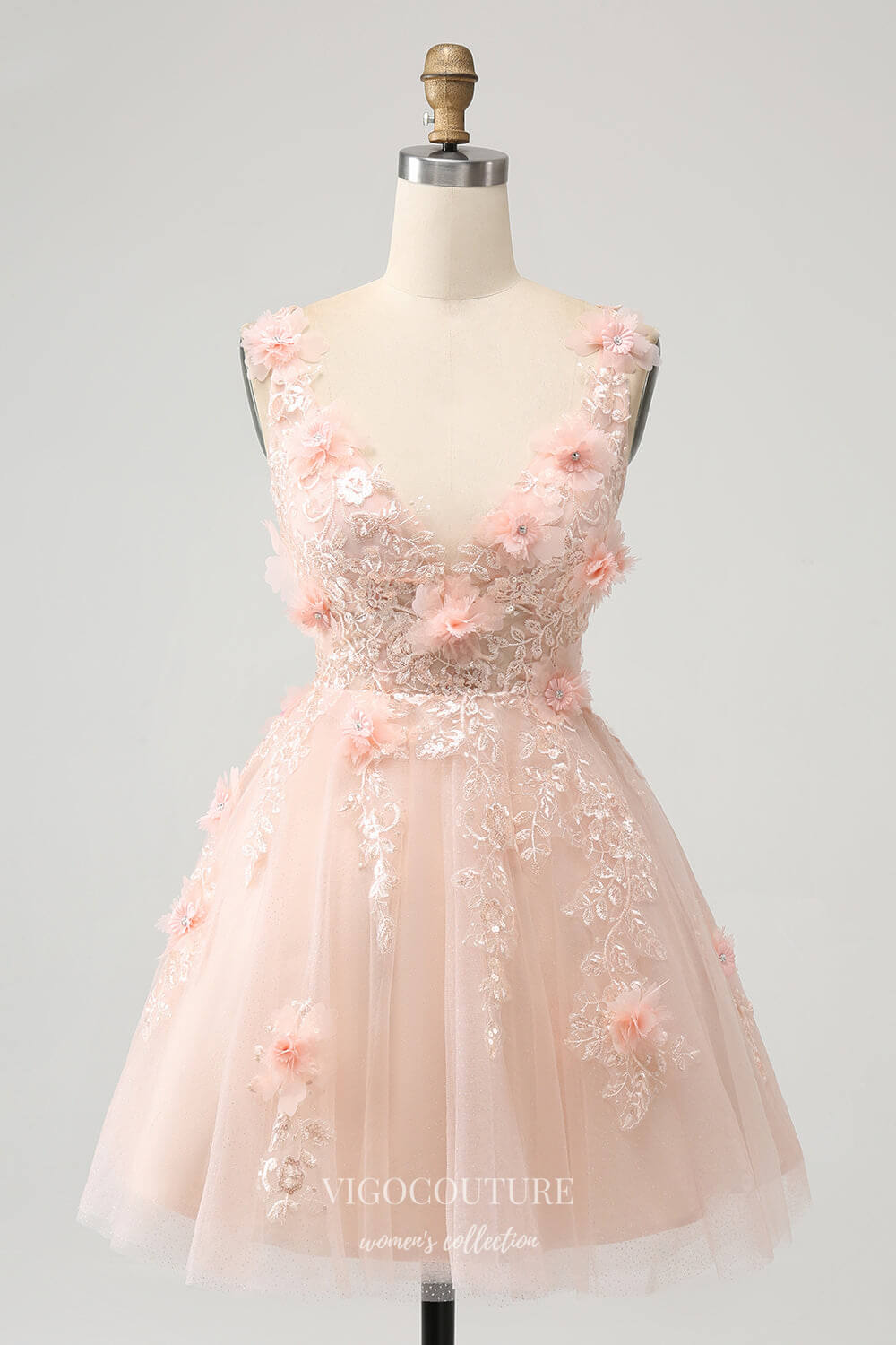 Blush 3D Flower Homecoming Dresses Lace Applique V-Neck Back to School vigocouture Blush 3D Flower Homecoming Dresses Lace Applique V-Neck Back to School vigocouture