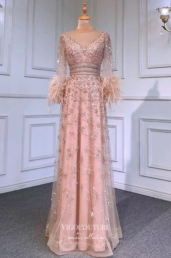 Blush Beaded Formal Dresses Long Sleeve Feather Prom Dress 21634 Blush / US4 Blush Beaded Formal Dresses Long Sleeve Feather Prom Dress 21634 Blush / US4