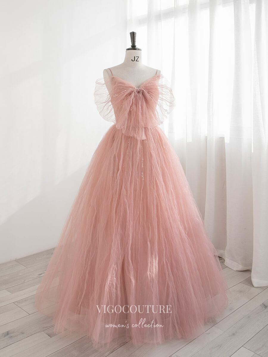 Blush Bow-Tie Prom Dresses Beaded Spaghetti Strap Formal Dresses 21166 - Blush / US16 Blush Bow-Tie Prom Dresses Beaded Spaghetti Strap Formal Dresses 21166 - Blush / US16