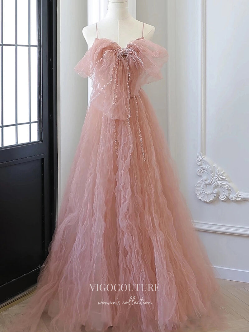Blush Bow-Tie Prom Dresses Beaded Spaghetti Strap Formal Dresses 21167 vigocouture Blush Bow-Tie Prom Dresses Beaded Spaghetti Strap Formal Dresses 21167 vigocouture