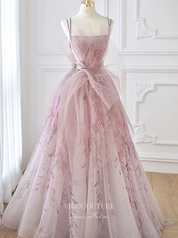 Blush Bow-Tie Prom Dresses Spaghetti Strap Floral Party Dresses 21275 Blush / US2 Blush Bow-Tie Prom Dresses Spaghetti Strap Floral Party Dresses 21275 Blush / US2