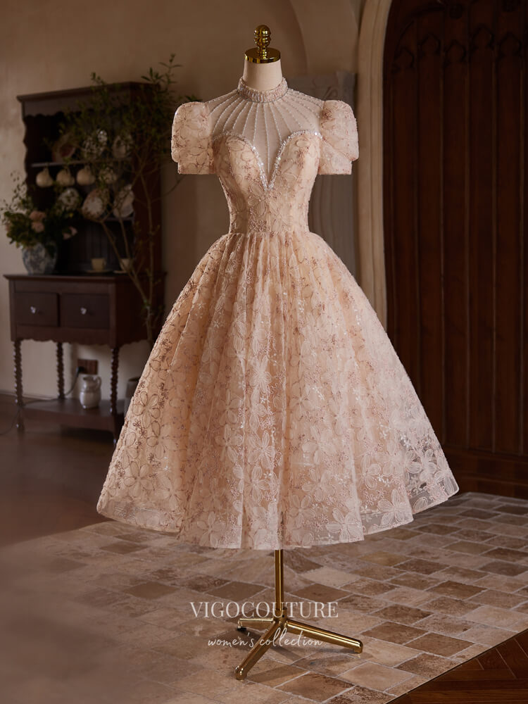 Blush Floral Lace Homecoming Dress Puffed Sleeve Tea-Length Dress Hc321 Custom Colors / 26W Blush Floral Lace Homecoming Dress Puffed Sleeve Tea-Length Dress Hc321 Custom Colors / 26W