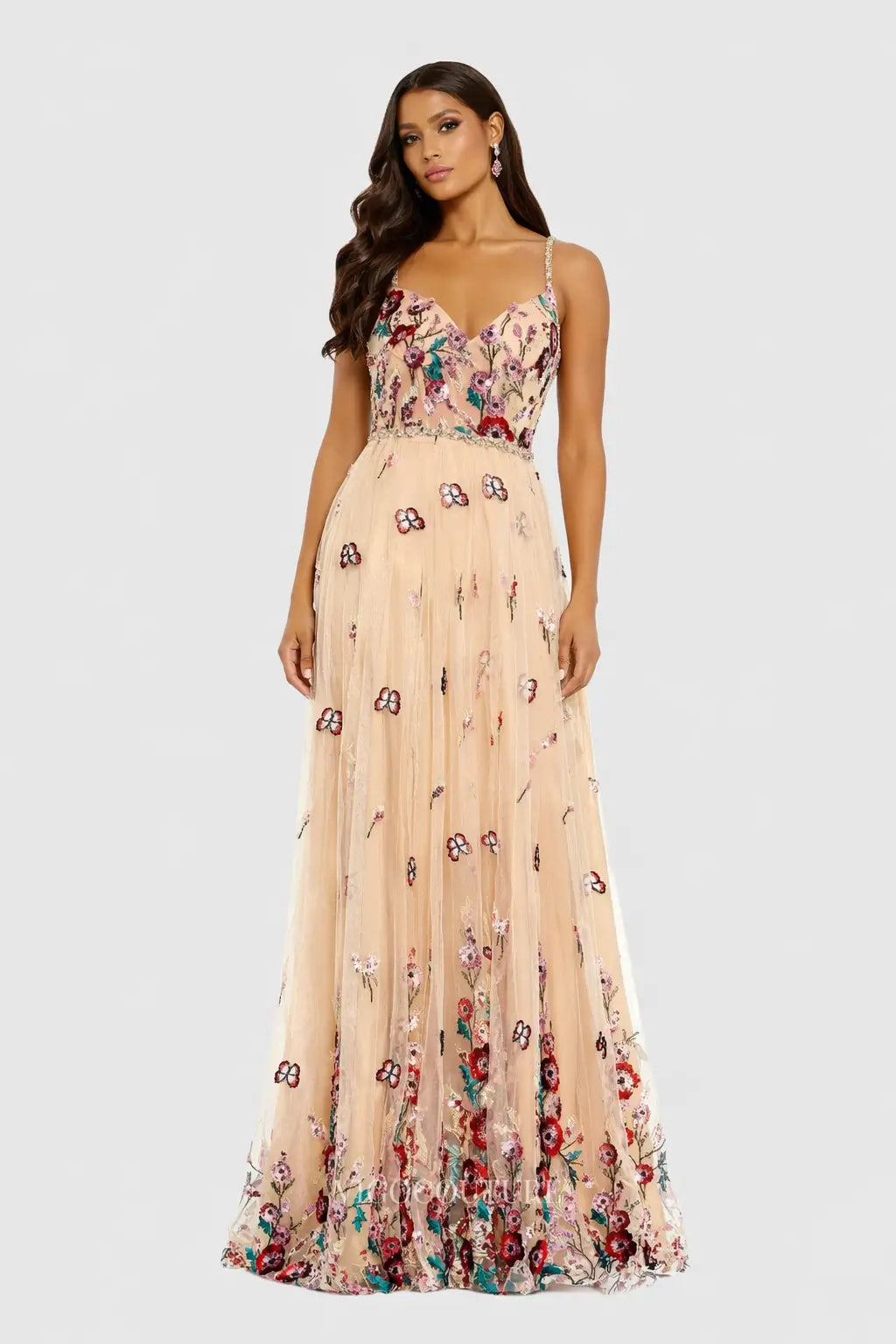 Blush Nude Floral Tulle Evening Dress with V-Neck