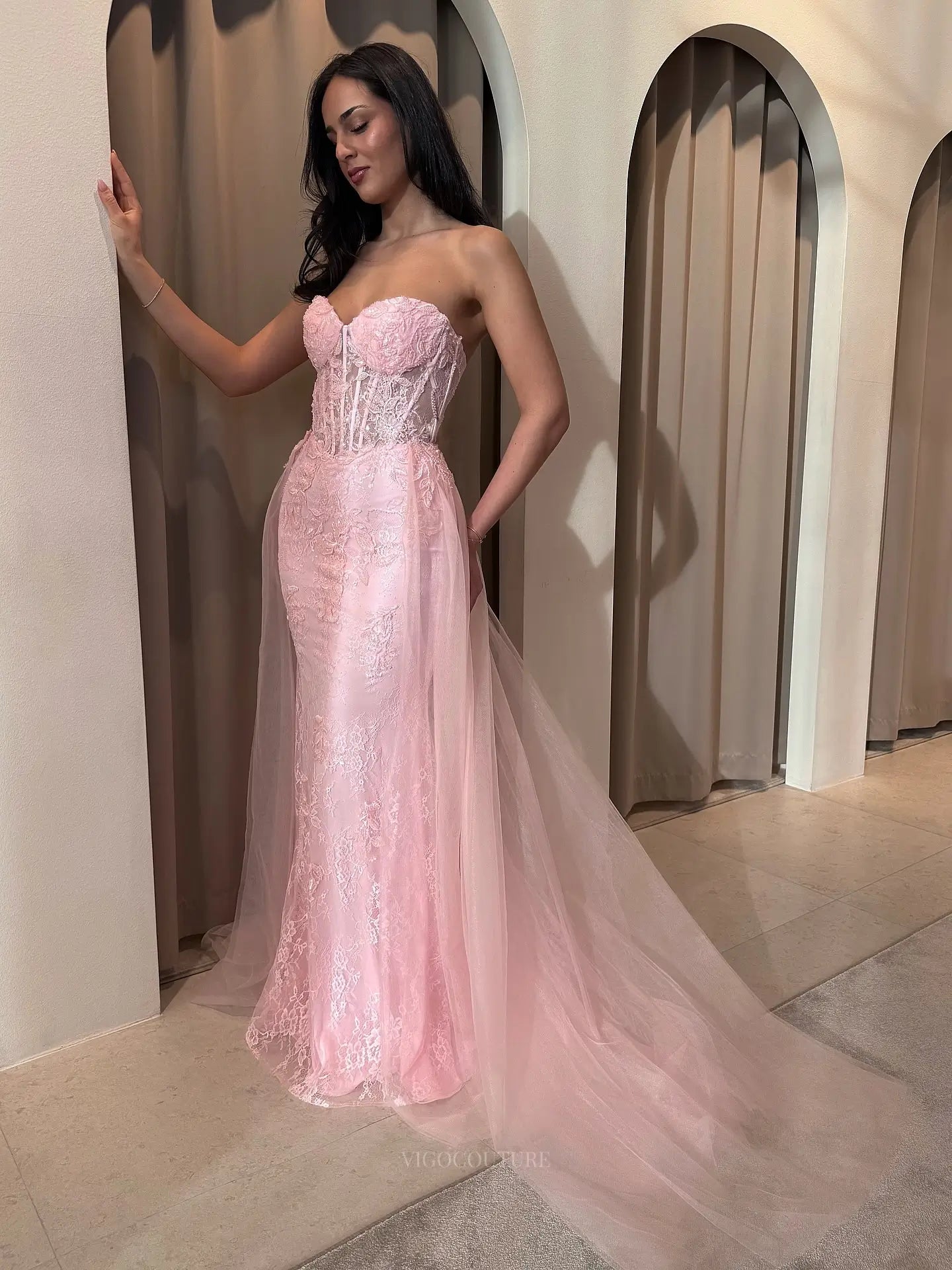 Blush Pink Lace Prom Dress with Corset & Detachable Overskirt