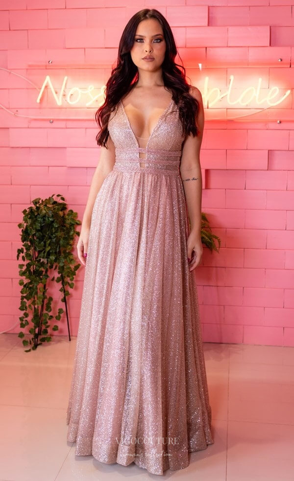 Blush Pink Shimmering Tulle Prom Dresses Plunging V-Neck Evening Dress vigocouture Blush Pink Shimmering Tulle Prom Dresses Plunging V-Neck Evening Dress vigocouture