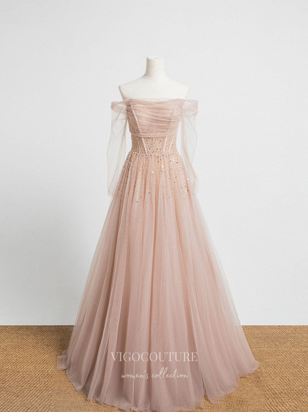 Blush Pink Tulle Prom Dresses Off the Shoulder Evening Dress 21828 vigocouture Blush Pink Tulle Prom Dresses Off the Shoulder Evening Dress 21828 vigocouture