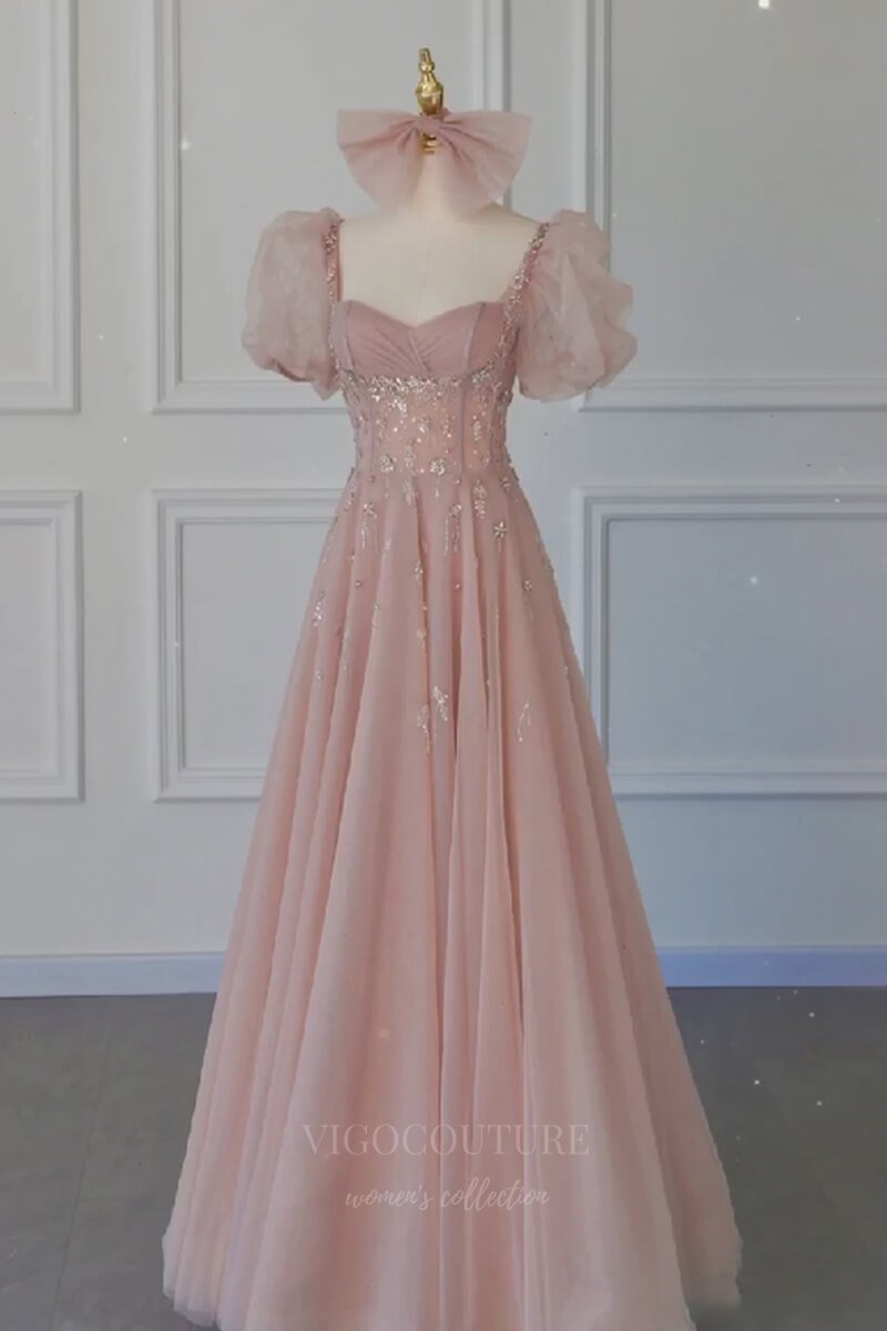 Puff Sleeve Womens Blush Pink Dress Blush Puffed Sleeve Beaded Prom Dress 20631 Blush US8 Puff Sleeve Womens Blush Pink Dress Blush Puffed Sleeve Beaded Prom Dress 20631 Blush US8