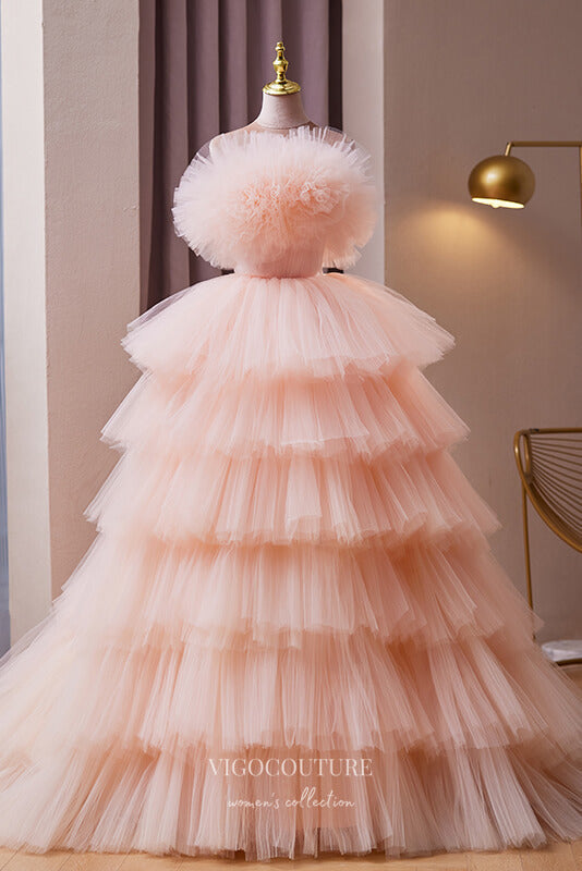 Blush Rosette Off-Shoulder Prom Gown with Ruffled Tulle Skirt 22275 vigocouture Blush Rosette Off-Shoulder Prom Gown with Ruffled Tulle Skirt 22275 vigocouture