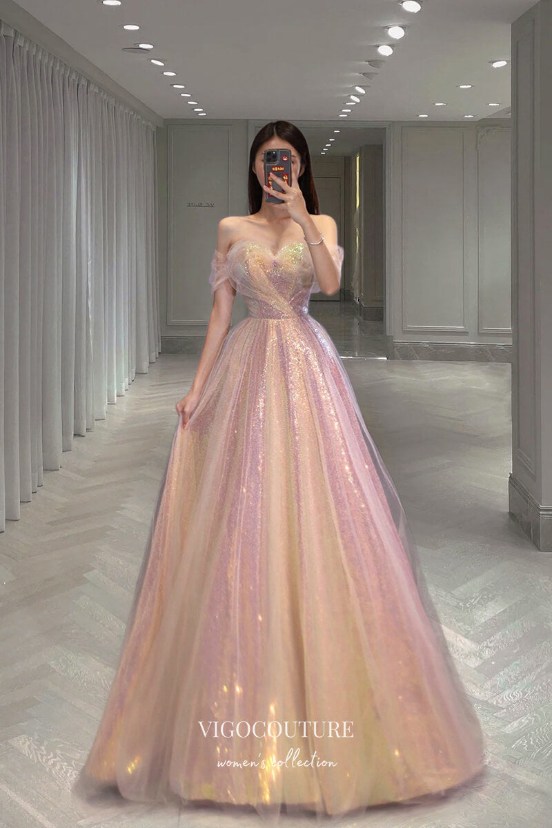 Blush Sparkly Tulle Prom Dress Sequin Off the Shoulder Formal Dresses vigocouture Blush Sparkly Tulle Prom Dress Sequin Off the Shoulder Formal Dresses vigocouture