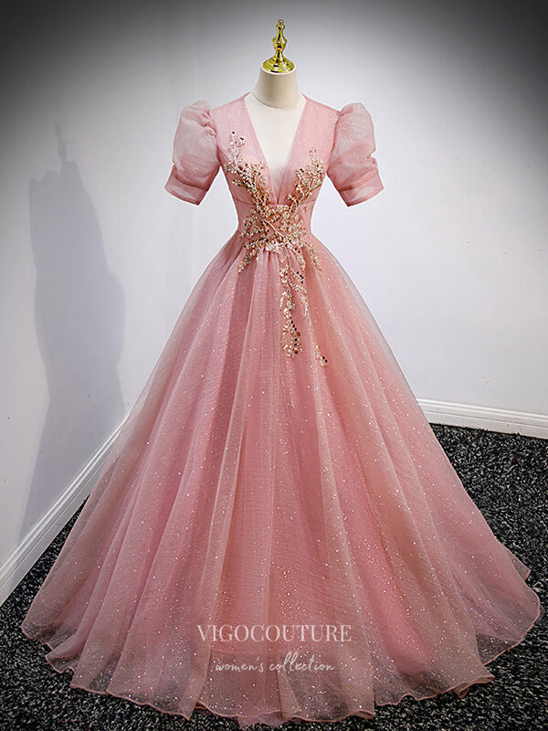 Blush Sparkly Tulle Prom Dresses Puffed Sleeve Formal Dresses 21347 vigocouture Blush Sparkly Tulle Prom Dresses Puffed Sleeve Formal Dresses 21347 vigocouture
