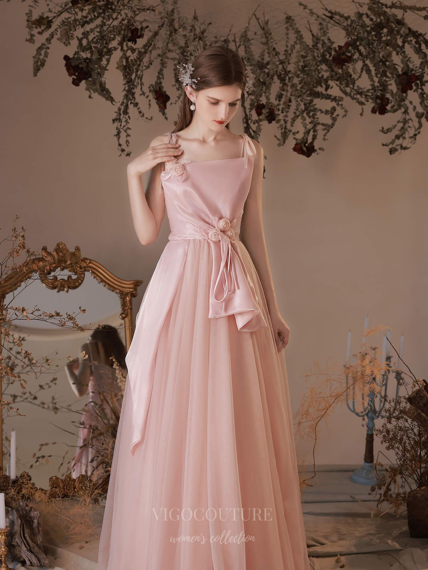 Blush Tulle Spaghetti Strap Floral Prom Dress 20737 vigocouture Blush Tulle Spaghetti Strap Floral Prom Dress 20737 vigocouture