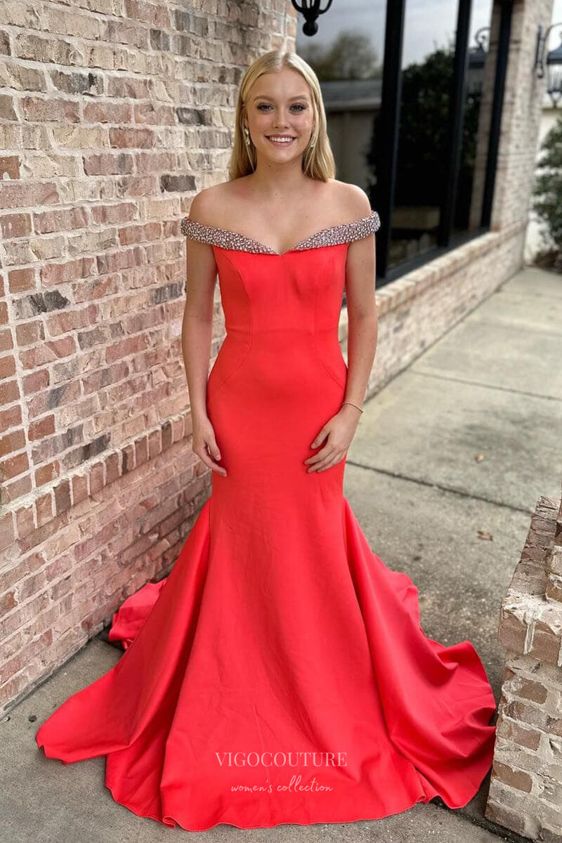 Bright Red Mermaid Satin Prom Dresses Beaded Off the Shoulder 24202 – vigocouture Bright Red Mermaid Satin Prom Dresses Beaded Off the Shoulder 24202 – vigocouture