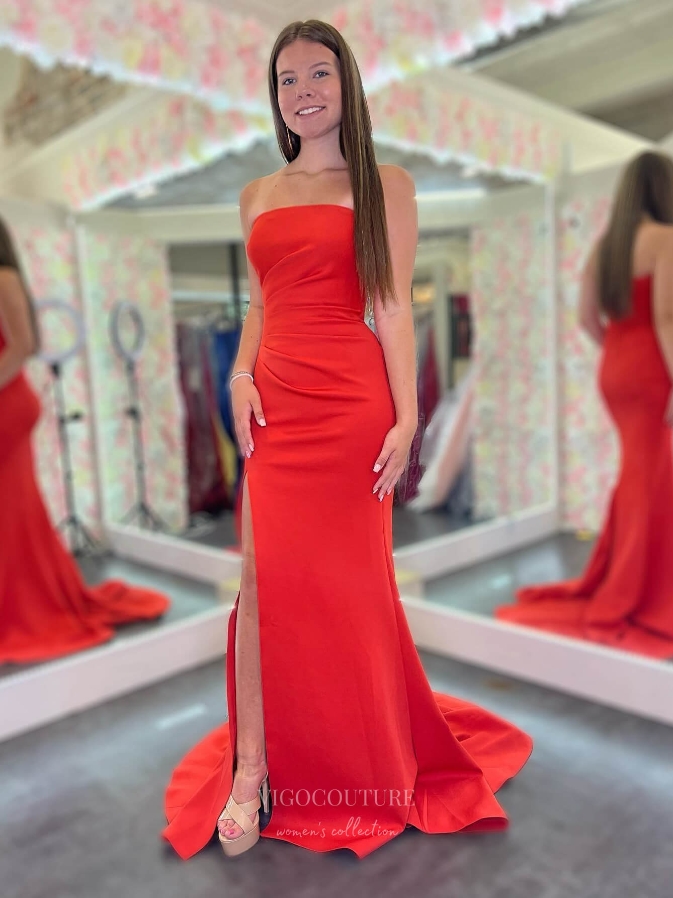 Bright Red Satin Mermaid Cheap Prom Dresses with Slit Strapless Pleated Bodice 24255 Bright Red Satin Mermaid Cheap Prom Dresses with Slit Strapless Pleated Bodice 24255