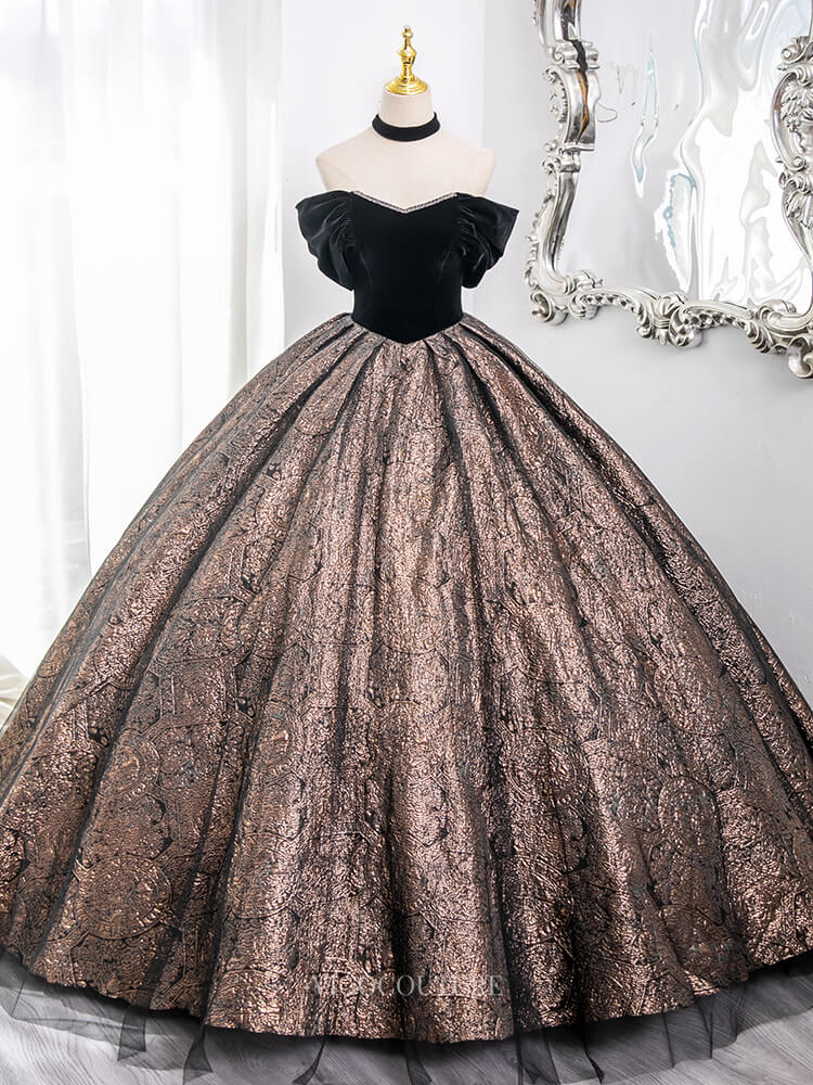 Brown Jacquard Prom Dresses with Velvet Bodice, Corset Back, Off the S vigocouture Brown Jacquard Prom Dresses with Velvet Bodice, Corset Back, Off the S vigocouture