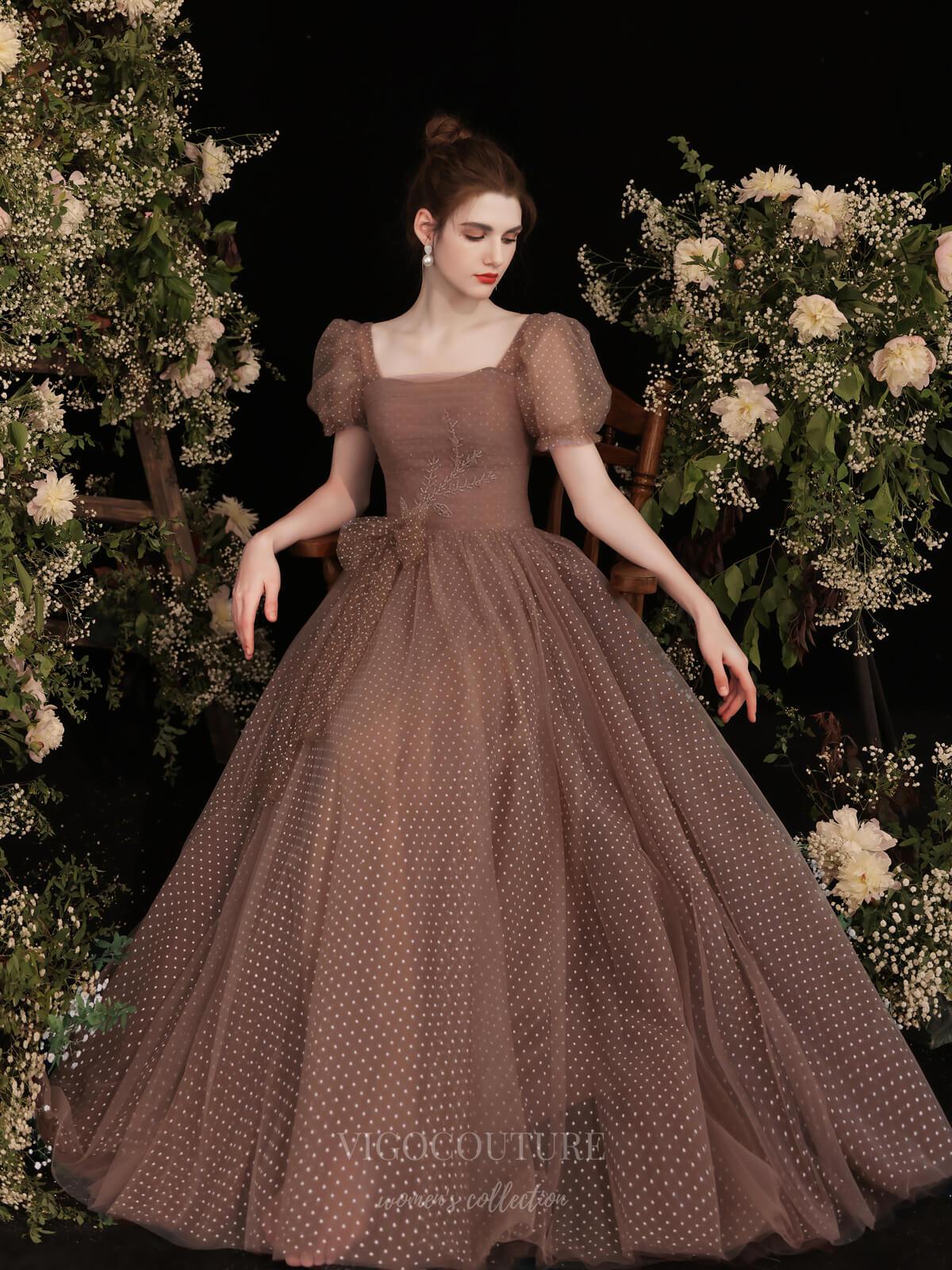 Brown Puffed Sleeve Dotted Tulle Prom Dress 20729 Brown / US4 Brown Puffed Sleeve Dotted Tulle Prom Dress 20729 Brown / US4