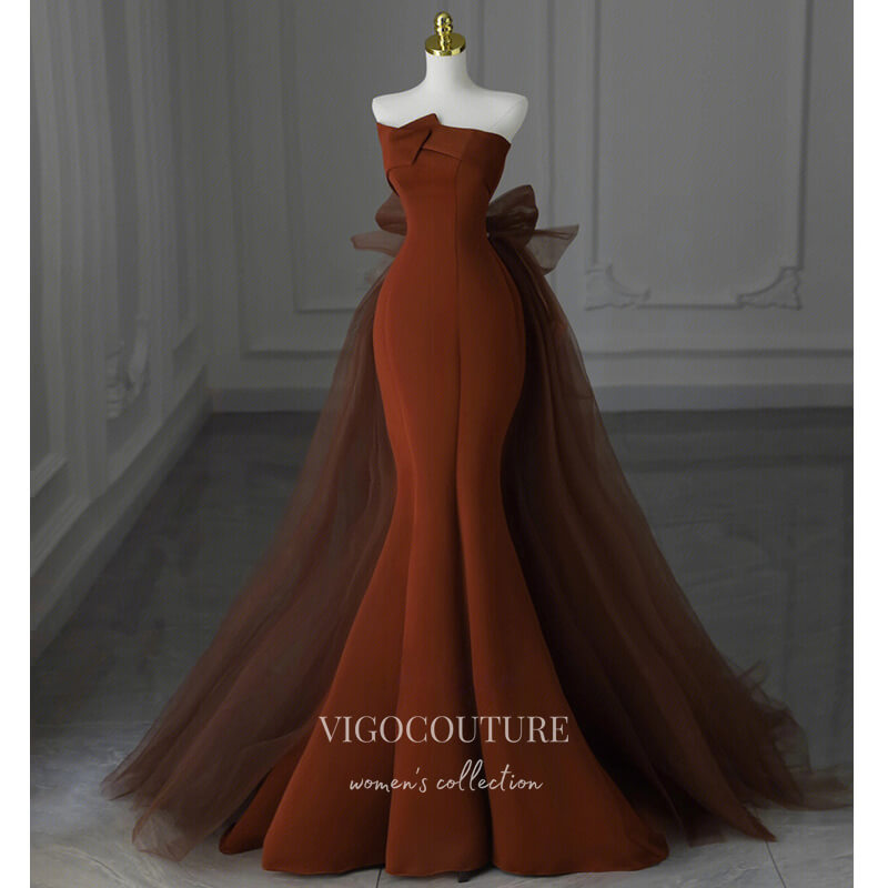 Brown Strapless Mermaid Prom Dresses with Tulle Bow-Tie Train - 22053 vigocouture Brown Strapless Mermaid Prom Dresses with Tulle Bow-Tie Train - 22053 vigocouture