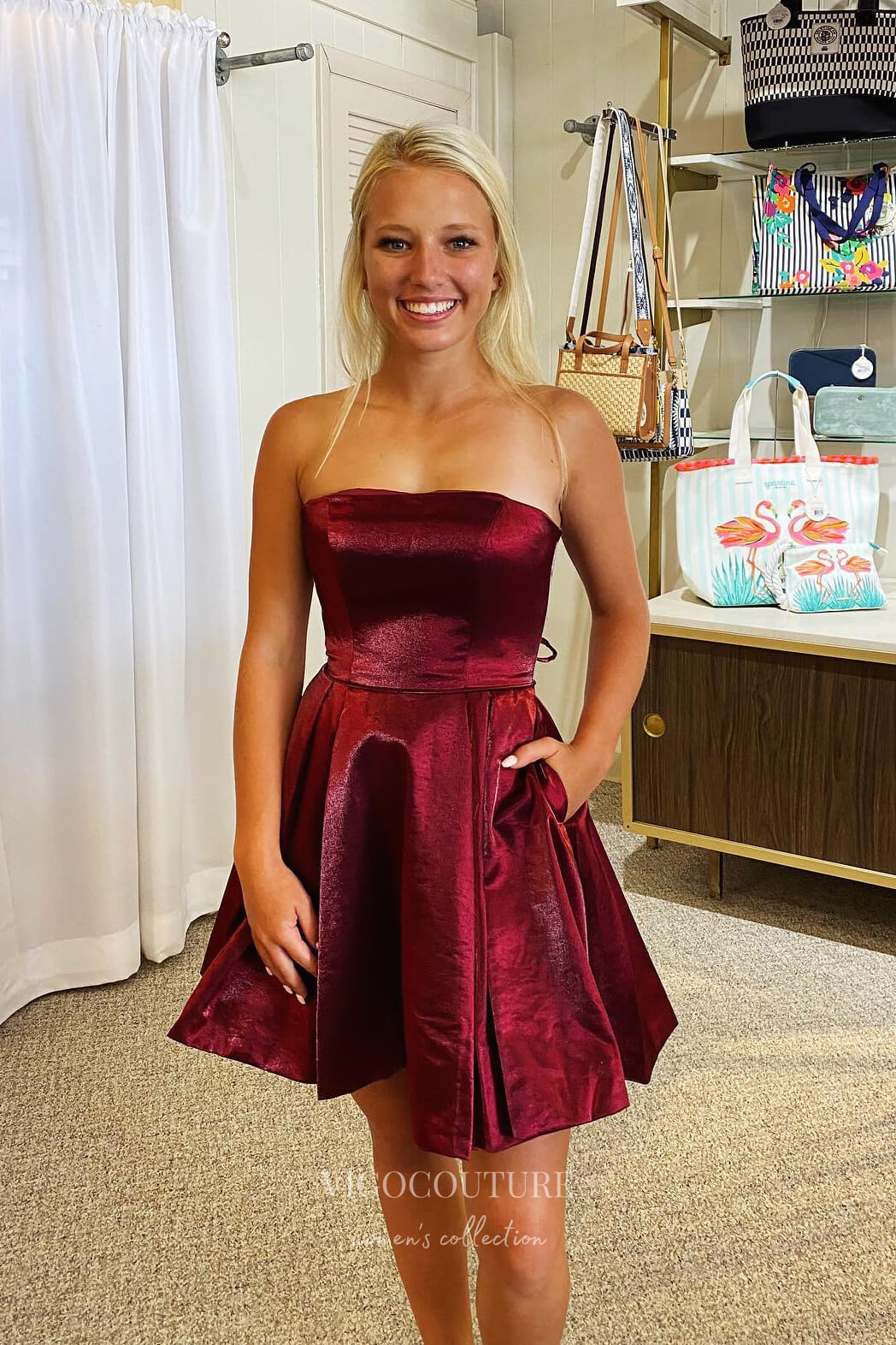 Burgundy Beauty: Shimmering Satin Strapless Homecoming Dress with Convenient Pockets hc242 Burgundy / 16W Burgundy Beauty: Shimmering Satin Strapless Homecoming Dress with Convenient Pockets hc242 Burgundy / 16W
